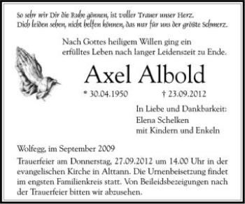 Anzeige von Axel Albold von Schwäbische Zeitung