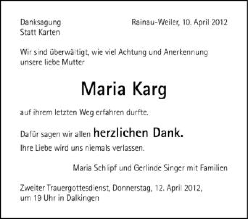  Traueranzeige für Maria Karg vom 10.04.2012 aus Schwäbische Zeitung