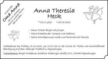 Anzeige von Anna Theresia Heck von Schwäbische Zeitung