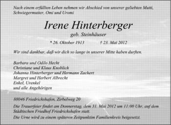 Anzeige von Irene Hinterberger von Schwäbische Zeitung