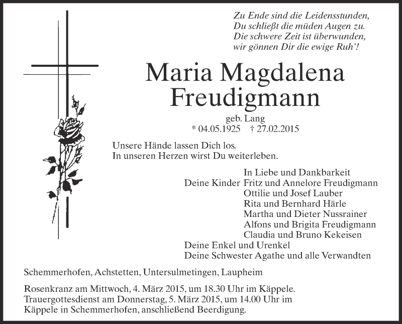 Traueranzeige für Maria Magdalena Freudigmann vom 03.03.2015 aus Schwäbische Zeitung