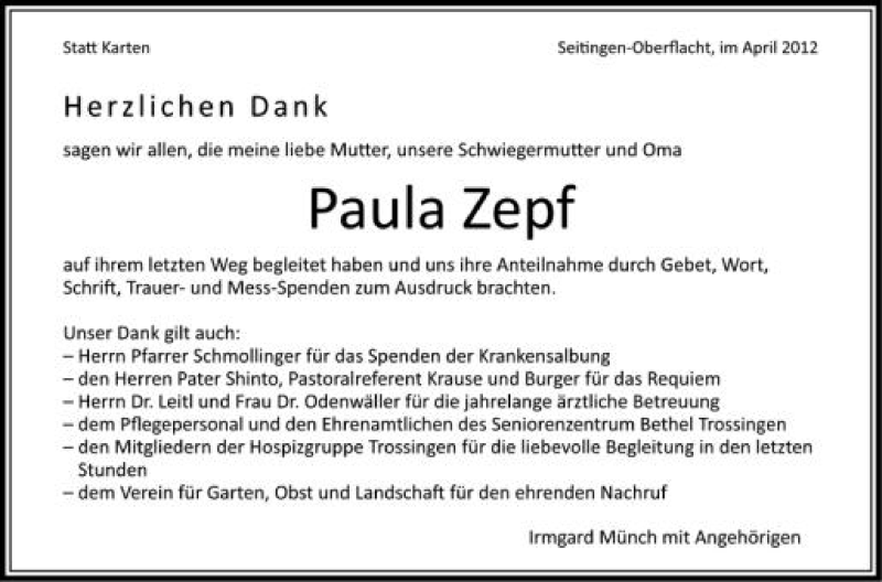  Traueranzeige für Paula Zepf vom 25.04.2012 aus Schwäbische Zeitung