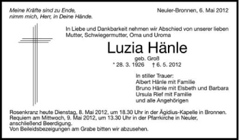 Anzeige von Luzia Hänle von Schwäbische Zeitung