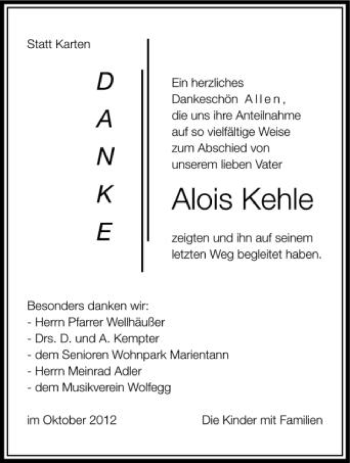 Anzeige von Alois Kehle von Schwäbische Zeitung