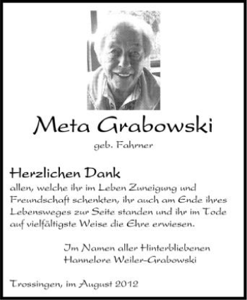Anzeige von Meta Grabowski von Schwäbische Zeitung