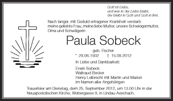 Anzeige von Paula Sobeck von Schwäbische Zeitung