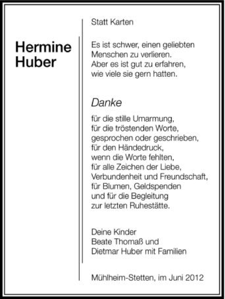  Traueranzeige für Hermine Huber vom 23.06.2012 aus Schwäbische Zeitung