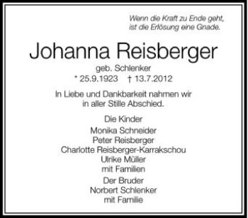 Anzeige von Johanna Reisberger von Schwäbische Zeitung