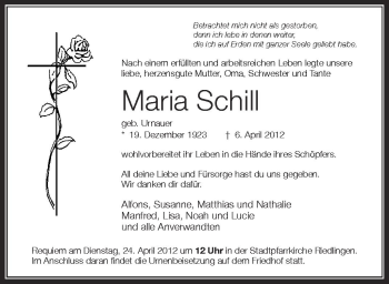 Anzeige von Maria Schill von Schwäbische Zeitung