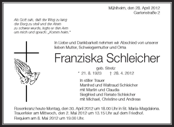 Anzeige von Franziska Schleicher von Schwäbische Zeitung