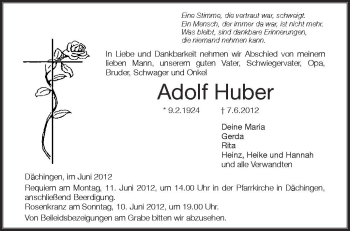 Anzeige von Adolf Huber von Schwäbische Zeitung