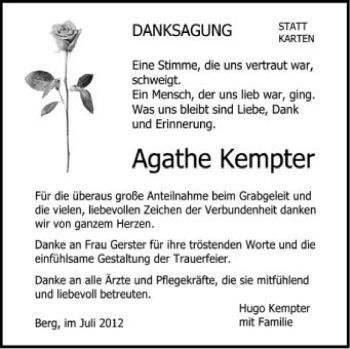 Anzeige von Agathe Kempter von Schwäbische Zeitung