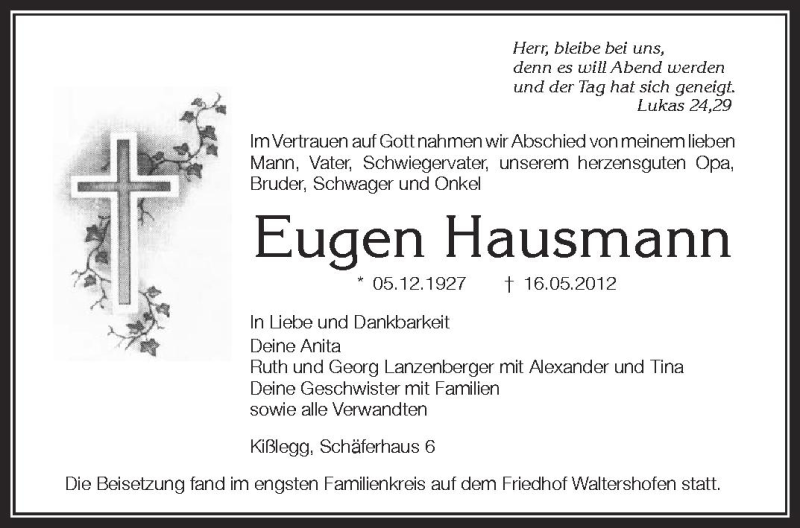  Traueranzeige für Eugen Hausmann vom 22.05.2012 aus Schwäbische Zeitung
