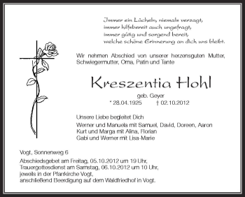 Anzeige von Kreszentia Hohl von Schwäbische Zeitung