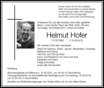 Anzeige von Helmut Hofer von Schwäbische Zeitung