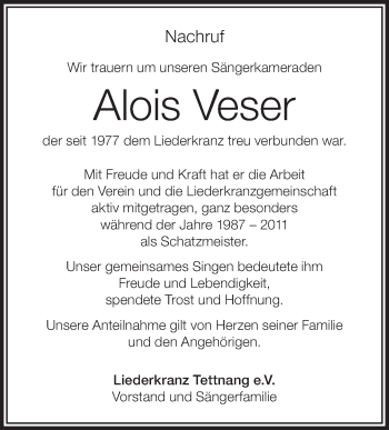 Anzeige von Alois Veser von Schwäbische Zeitung