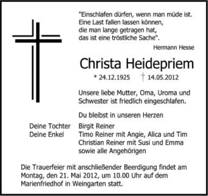  Traueranzeige für Christa Heidepriem vom 18.05.2012 aus Schwäbische Zeitung