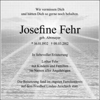 Anzeige von Josefine Fehr von Schwäbische Zeitung