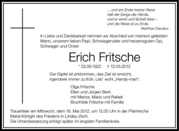 Anzeige von Erich Fritsche von Schwäbische Zeitung