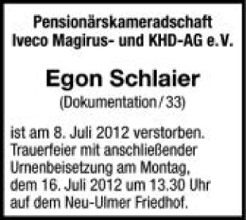 Anzeige von Egon Schlaier von Schwäbische Zeitung