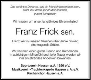 Anzeige von Franz Frick von Schwäbische Zeitung