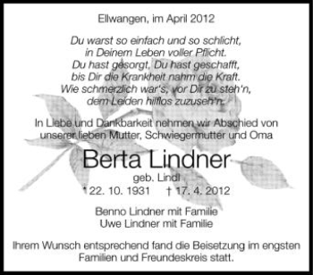 Anzeige von Berta Lindner von Schwäbische Zeitung