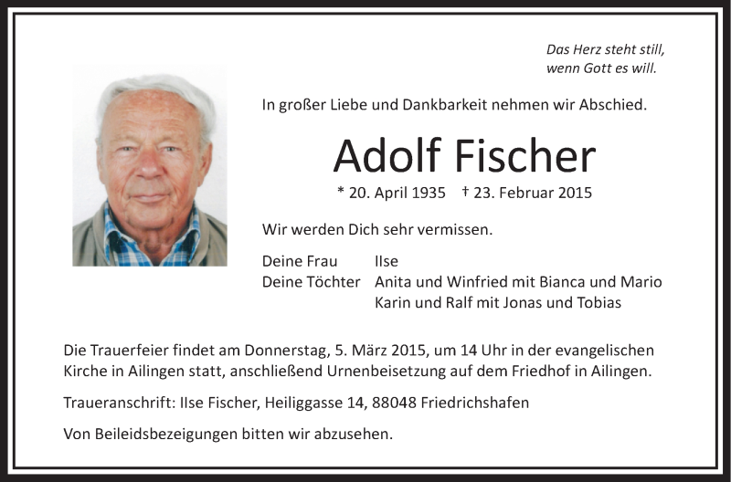  Traueranzeige für Adolf Fischer vom 03.03.2015 aus Schwäbische Zeitung