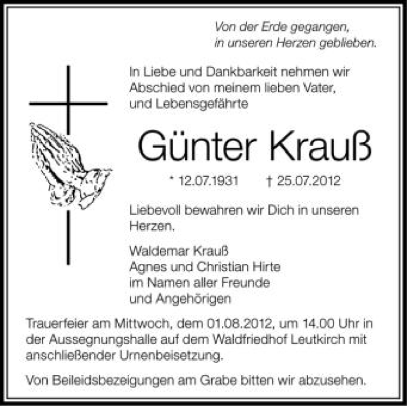  Traueranzeige für Günter Krauß vom 31.07.2012 aus Schwäbische Zeitung