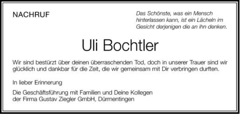  Traueranzeige für Uli Bochtler vom 13.09.2012 aus Schwäbische Zeitung