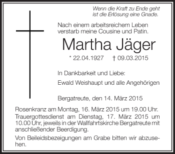 Anzeige von Martha Jäger von Schwäbische Zeitung