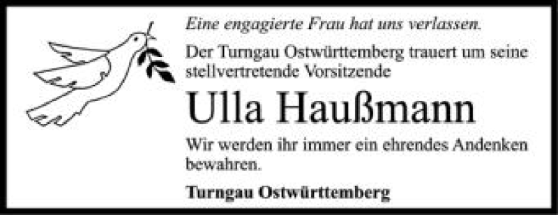  Traueranzeige für Ulla Haußmann vom 23.05.2012 aus Schwäbische Zeitung