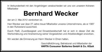 Anzeige von Bernhard Wecker von Schwäbische Zeitung