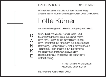 Anzeige von Lotte Kürner von Schwäbische Zeitung