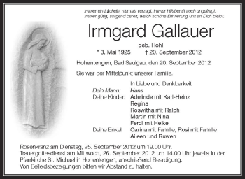 Anzeige von Irmgard Gallauer von Schwäbische Zeitung