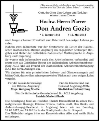 Anzeige von Don Andrea Gozio von Schwäbische Zeitung