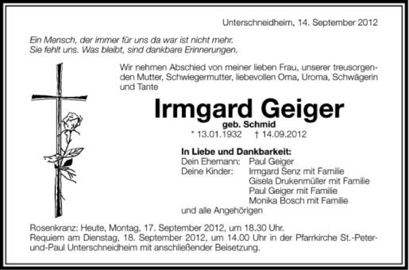  Traueranzeige für Irmgard Geiger vom 17.09.2012 aus Schwäbische Zeitung