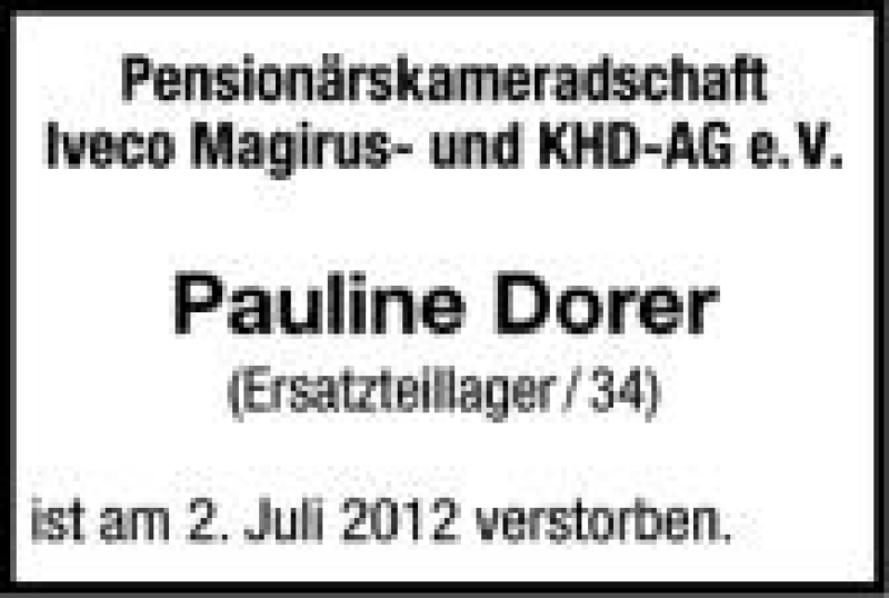  Traueranzeige für Pauline Dorer vom 04.07.2012 aus Schwäbische Zeitung