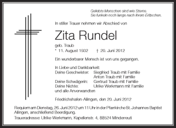 Anzeige von Zita Rundel von Schwäbische Zeitung