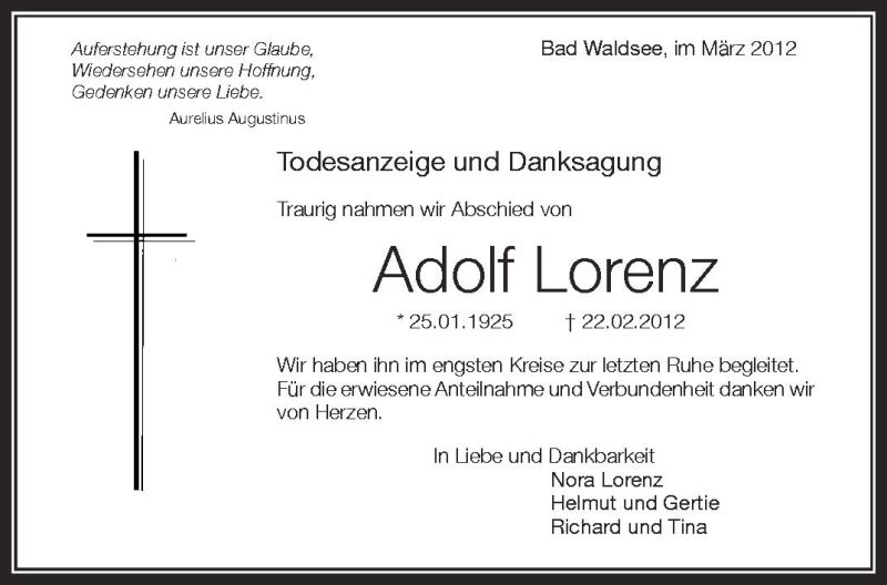  Traueranzeige für Adolf Lorenz vom 03.03.2012 aus Schwäbische Zeitung