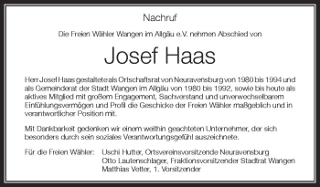 Anzeige von Josef Haas von Schwäbische Zeitung