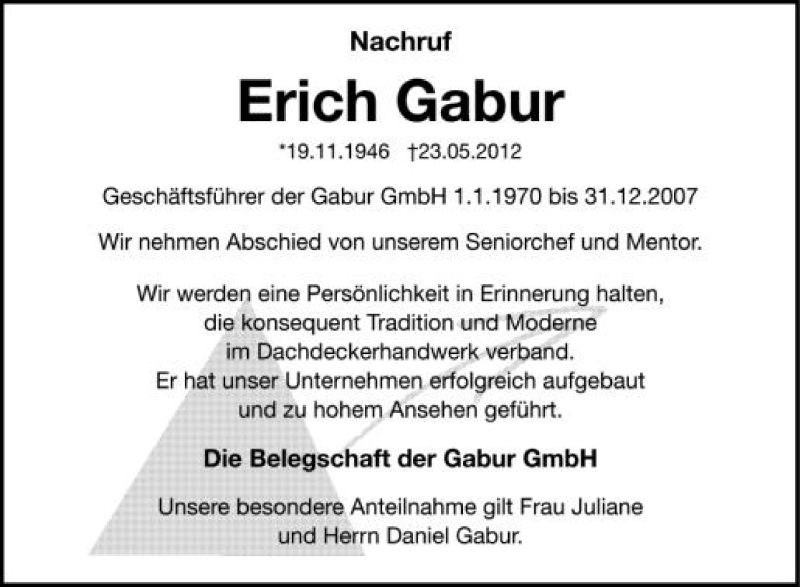  Traueranzeige für Ercih Gabur vom 04.06.2012 aus Schwäbische Zeitung