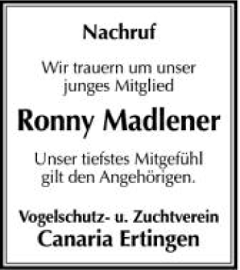 Anzeige von Ronny Madlener von Schwäbische Zeitung
