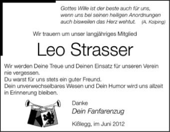Anzeige von Leo Strasser von Schwäbische Zeitung