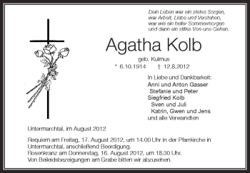 Anzeige von Agatha Kolb von Schwäbische Zeitung