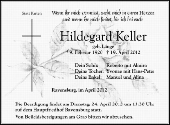 Anzeige von Hildegard Keller von Schwäbische Zeitung
