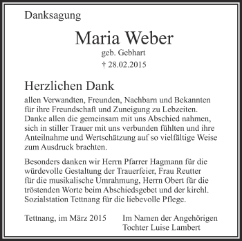 Anzeige von Maria Weber von Schwäbische Zeitung