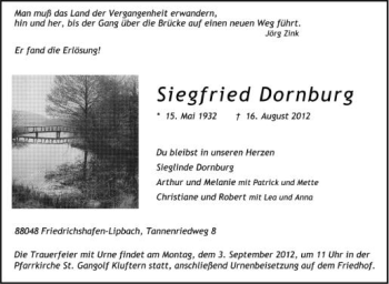 Anzeige von Siegfried Dornburg von Schwäbische Zeitung