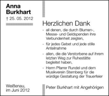 Anzeige von Anna Burkhart von Schwäbische Zeitung