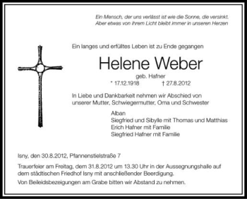 Anzeige von Helene Weber von Schwäbische Zeitung
