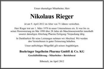Anzeige von Nikolaus Rieger von Schwäbische Zeitung